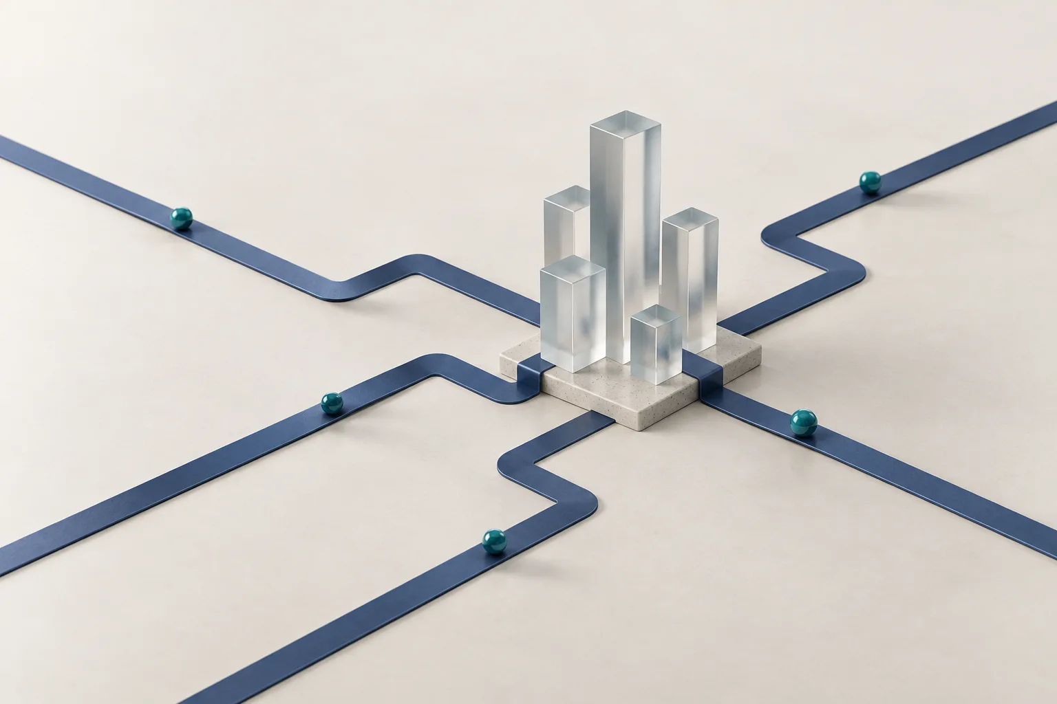 Indigo paths with teal markers converge around translucent columns on a pale surface.